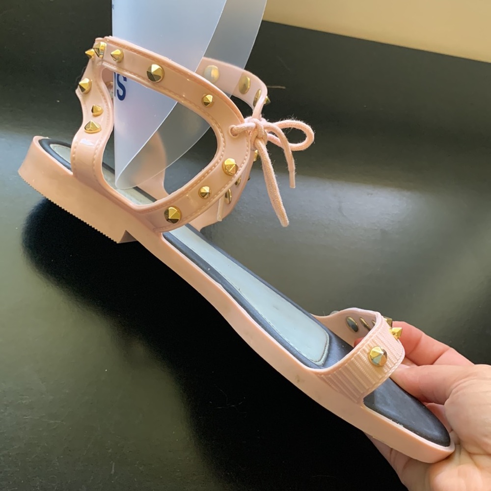 Melissa flat sandal with gold studs and nude or light pink casual